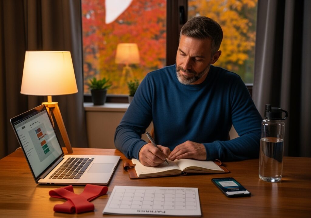 Man in his 40s planning fall fitness strategy with calendar and workout schedule in autumn setting showing structured approach to seasonal fitness