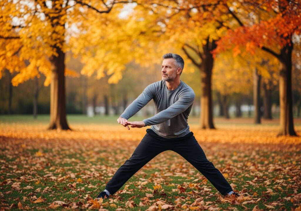 Motivated man in his 40s exercising outdoors in fall weather showing the benefits and importance of seasonal fitness adaptation