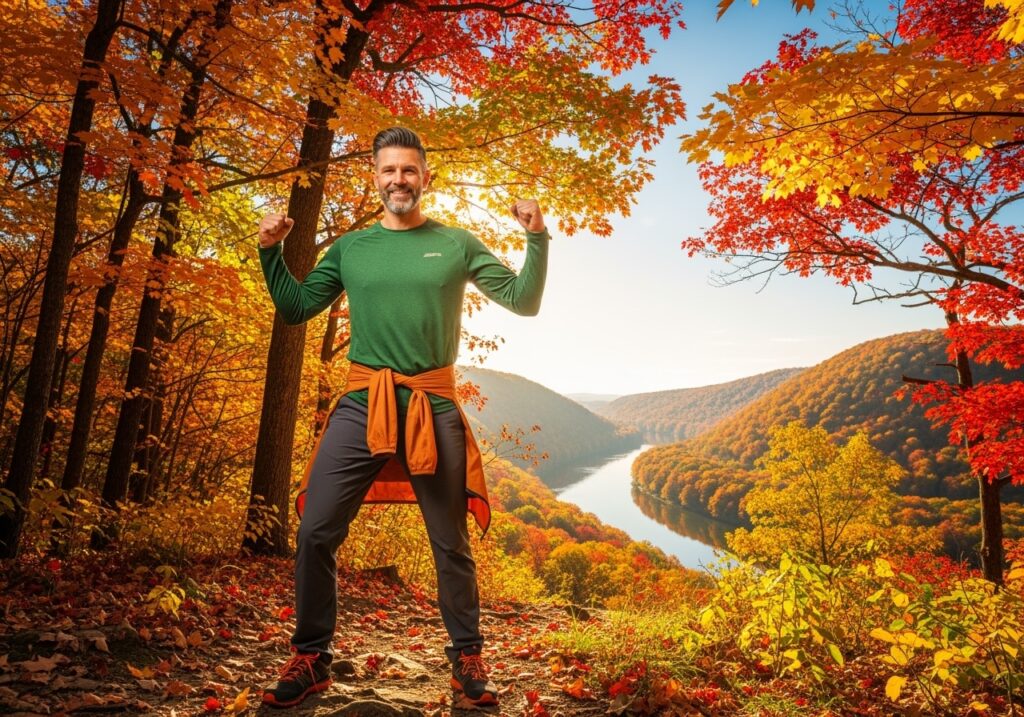 Confident man over 40 embracing fall season with successful fitness transformation in beautiful autumn setting with falling leaves