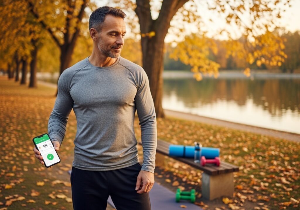 Man over 40 in fall setting representing the connection between physical wellness, mental resilience, and financial independence through seasonal fitness