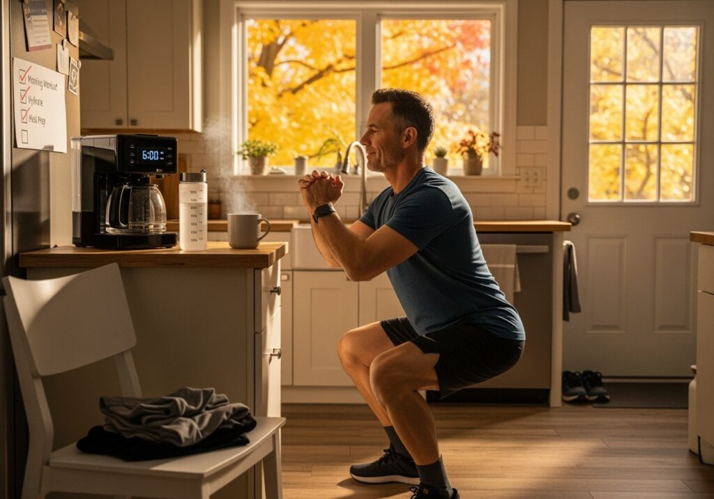 Man in his 40s demonstrating automatic morning fitness habits with workout clothes ready, coffee routine, and effortless exercise integration