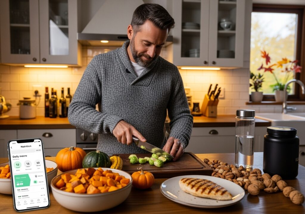 Man in his 40s preparing healthy fall meal with seasonal vegetables, lean protein, and nutrition tracking app in warm kitchen setting