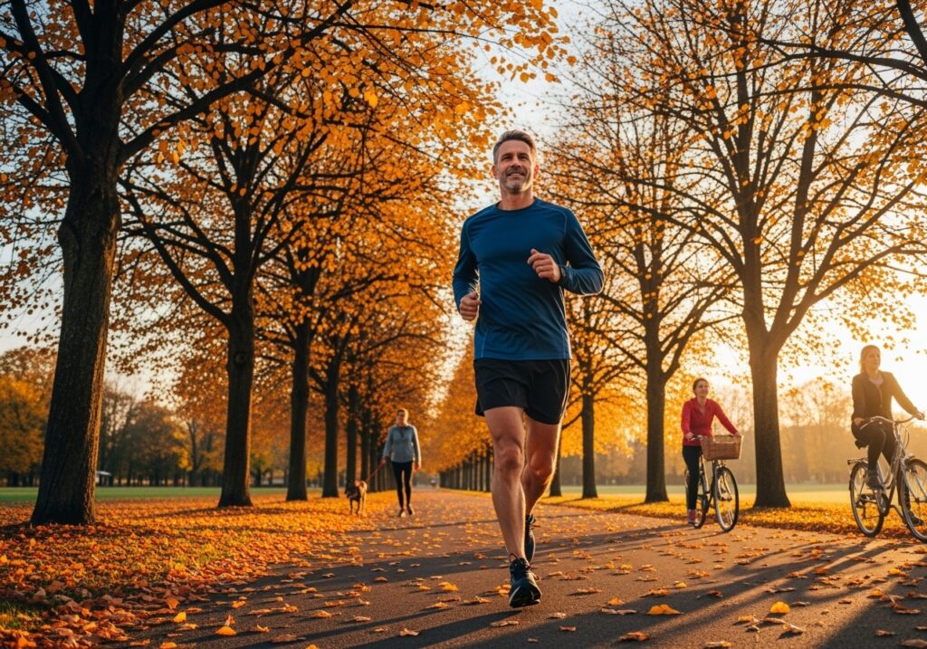 Man in his 40s jogging on autumn path with colorful fall leaves, showing why fall weather is perfect for fitness goals