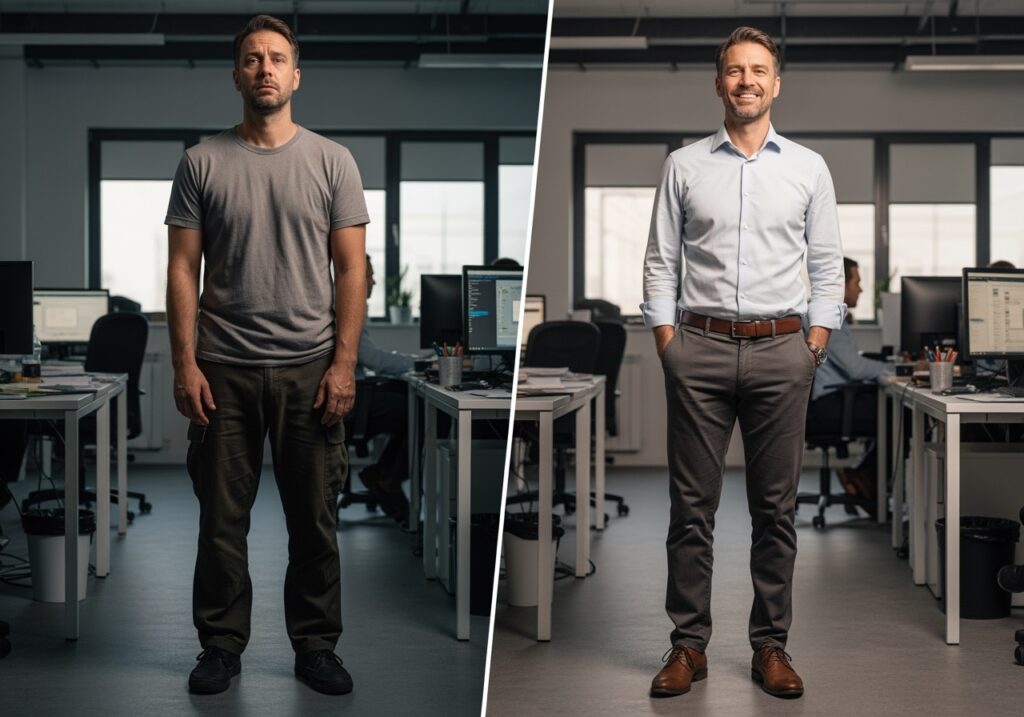 Split-screen comparison showing man over 40 transformation from poorly dressed and unconfident to well-dressed and confident, demonstrating impact of fall wardrobe upgrade
