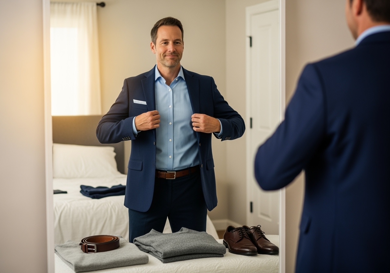 Man in his 40s trying on navy blazer in bedroom mirror, showcasing fall wardrobe upgrade and style transformation for mature men