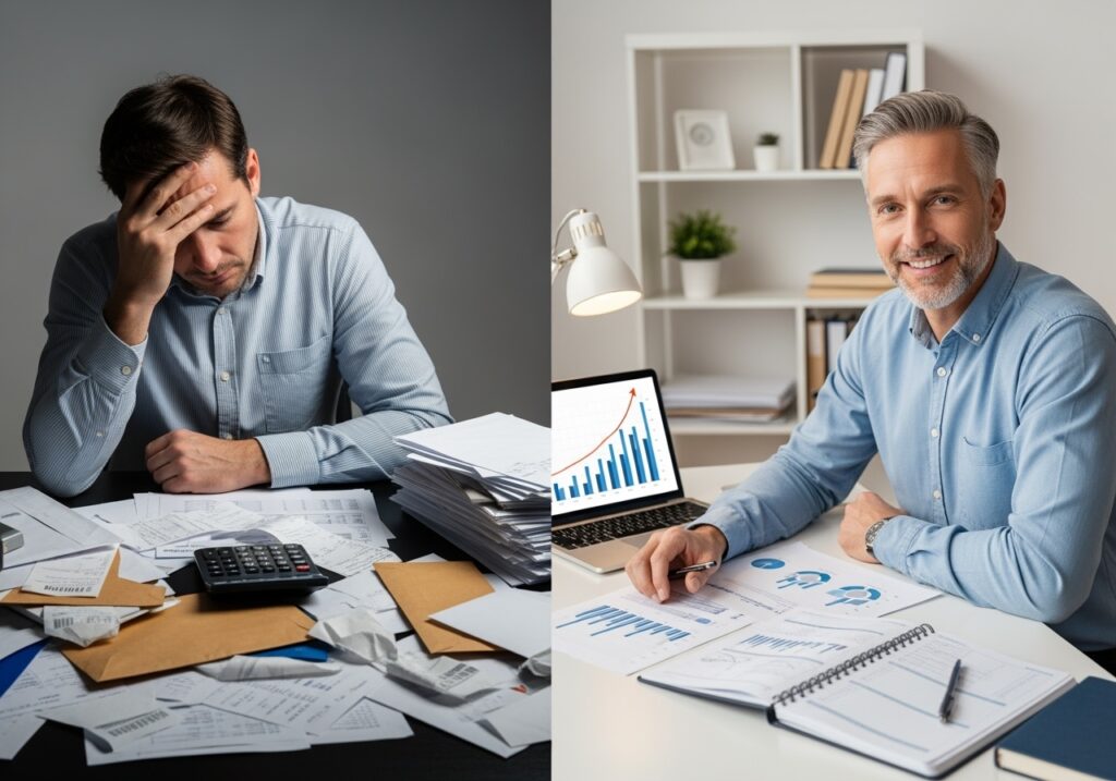 Split comparison showing stressed man with financial chaos versus organized man with successful financial planning and quarterly reviews
