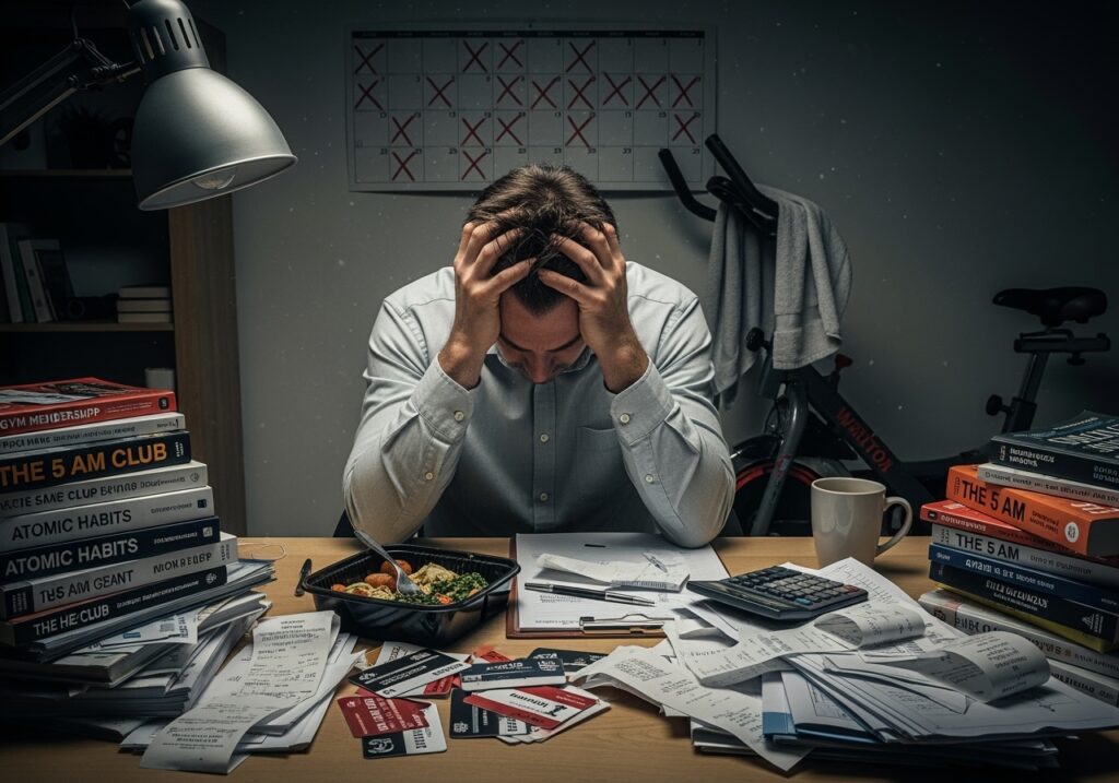 Overwhelmed man in his 40s surrounded by failed fourth quarter goals including unused gym memberships, unread books, and cluttered financial papers showing why most Q4 planning fails