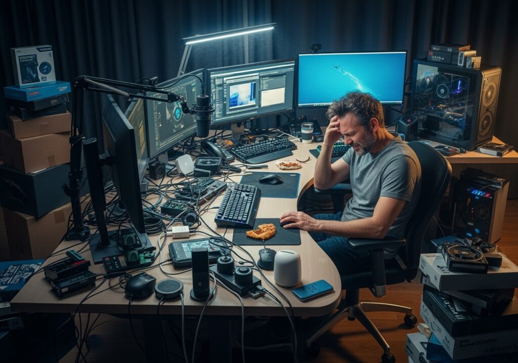 Overwhelmed man in his 40s in cluttered, over-complicated home office workspace showing common upgrade mistakes like too many gadgets, poor organization, and impractical setup