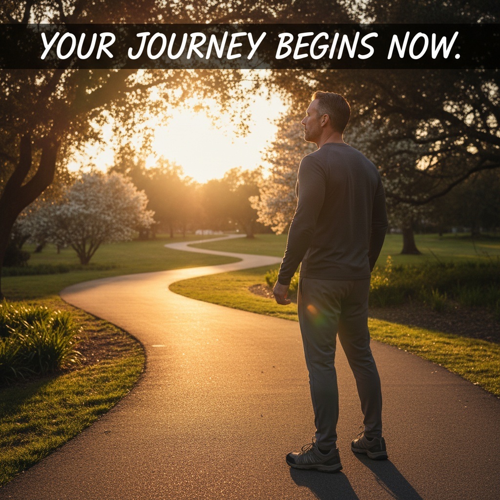 Man in his 50s standing at beginning of path symbolizing fitness journey - it's not too late to start exercising after years of inactivity