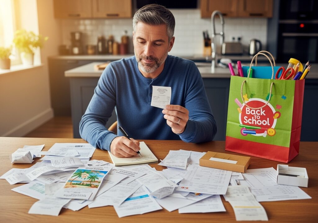 Man in his 40s thoughtfully reviewing Q3 spending receipts and financial mistakes at kitchen table with notepad for lessons learned