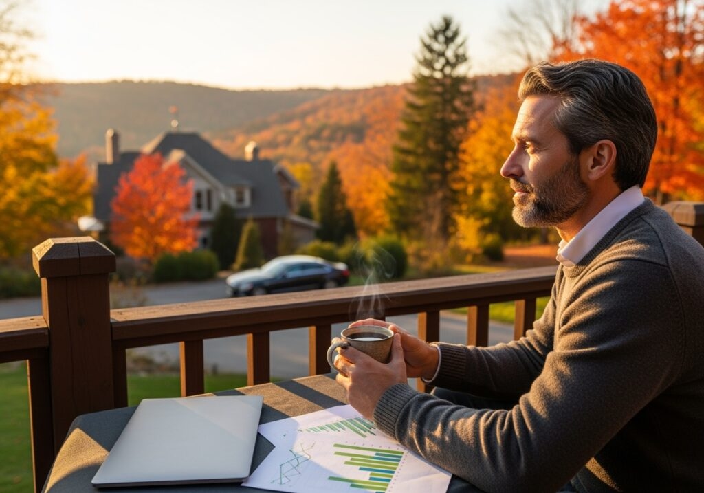 Man in his 40s sitting peacefully on porch with coffee and laptop, showing the contentment and security that comes from building multiple income streams