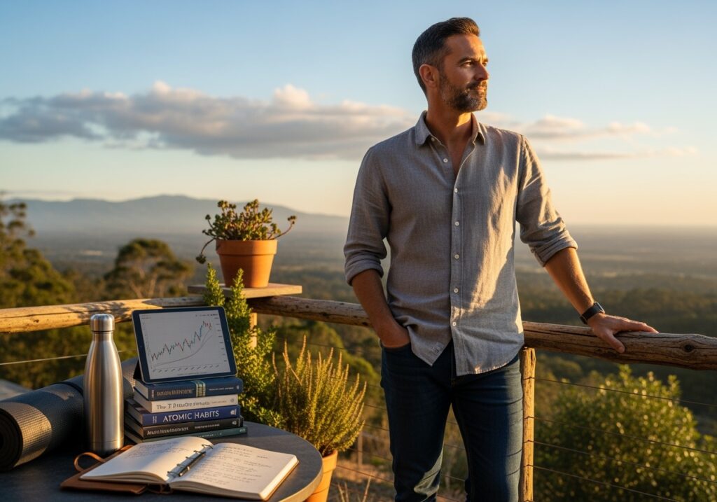 Confident man in 40s with long-term vision showing sustainable success built through consistent daily habits across physical, mental, and financial pillars