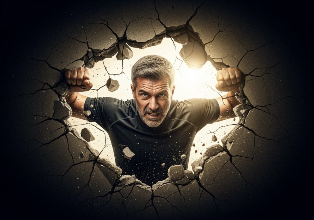 Man in his 40s breaking through symbolic wall representing mental barriers and psychological limitations with determination and mental toughness