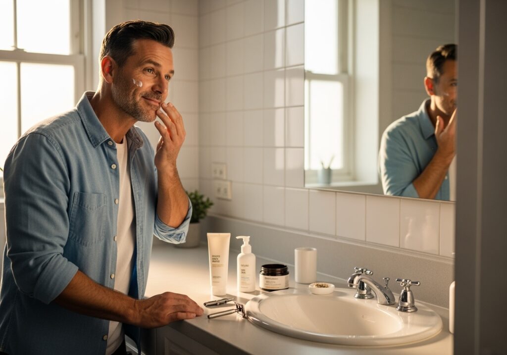 Well-groomed man in his 40s applying moisturizer at bathroom vanity with simple grooming products, showing importance of skincare routine for men
