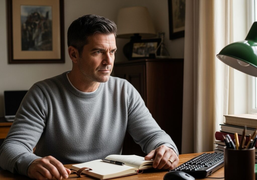 Thoughtful man in his 40s reflecting on life changes and personal growth while holding The Compound Effect book in a comfortable home setting
