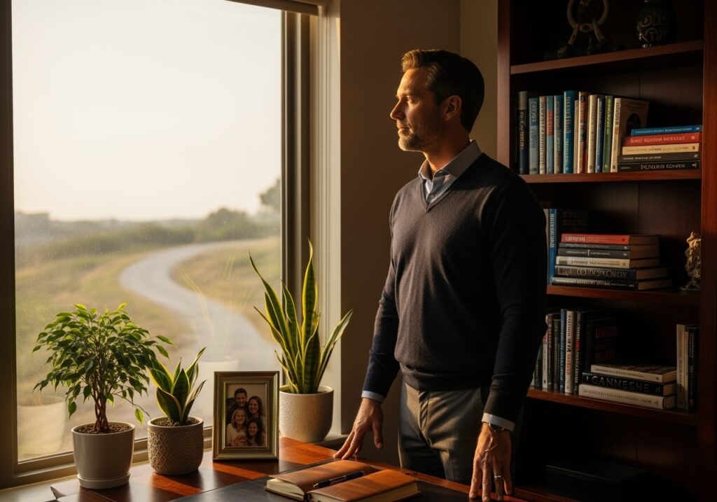 Confident man in his 40s looking toward future showing mental health as investment in personal success