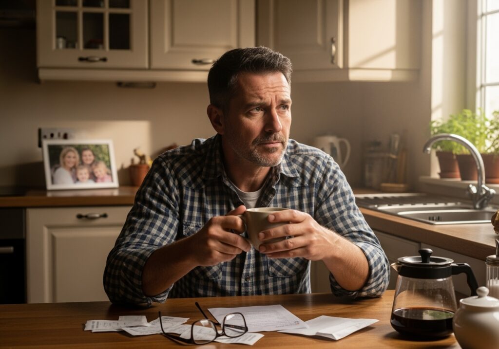 Thoughtful man in his 40s contemplating life changes and overcoming mental barriers that accumulate with age