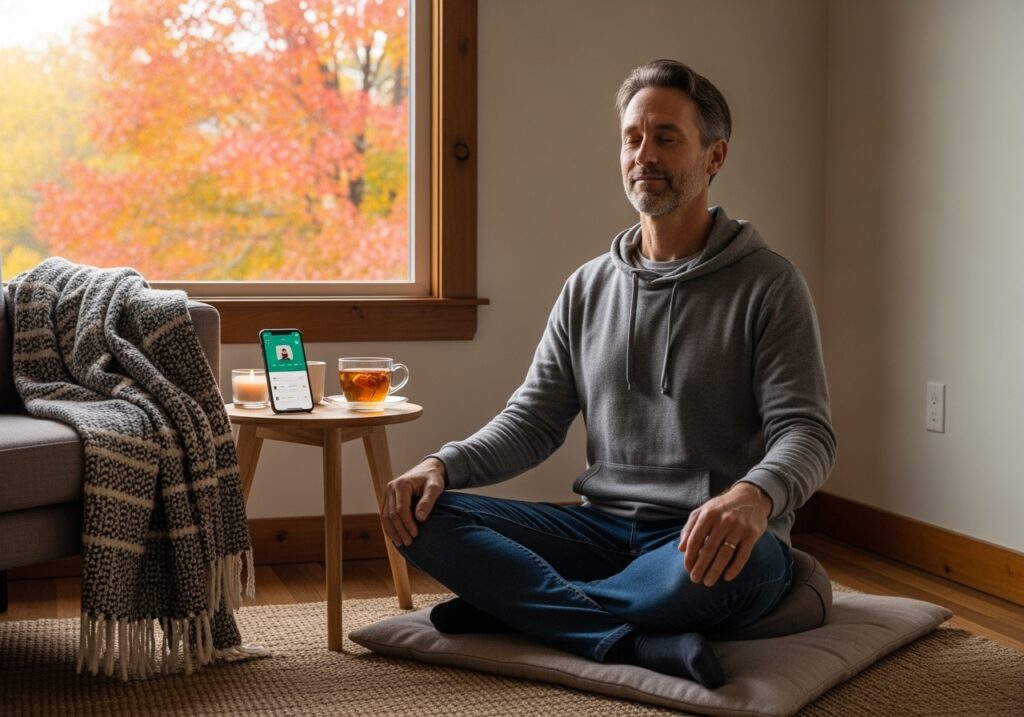 Man in his 40s practicing mindfulness meditation in comfortable home setting, demonstrating advanced mental strategies for seasonal wellness and stress management