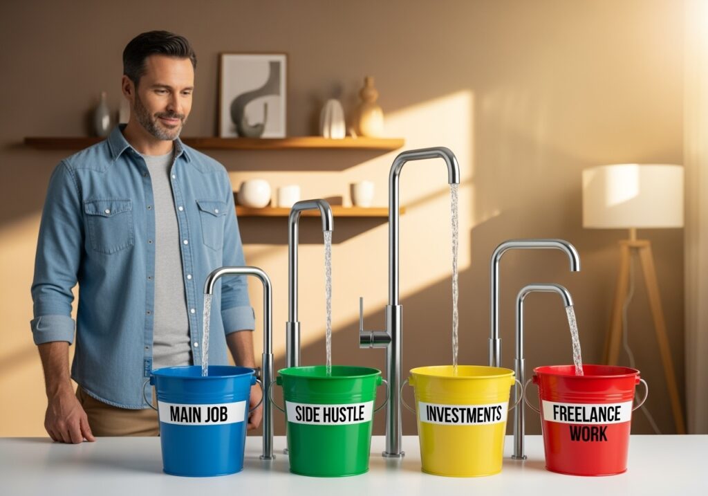 Multiple water faucets flowing into labeled buckets representing different income streams like main job, side hustle, investments, and freelance work