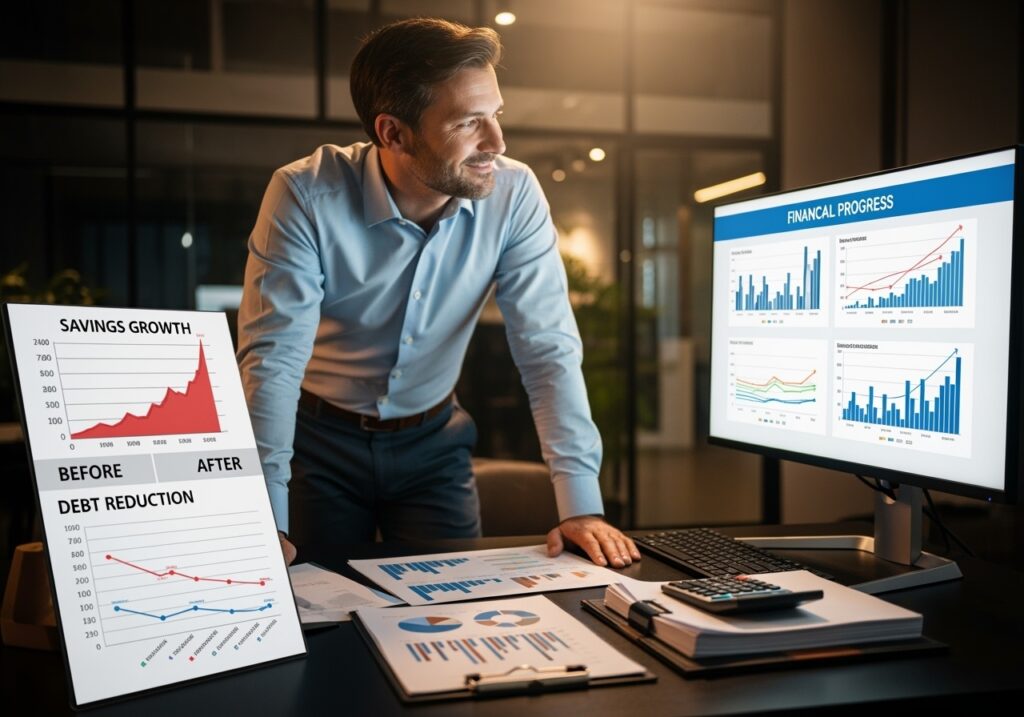 Confident man in his 40s reviewing upward financial progress charts showing it's never too late to improve your money situation