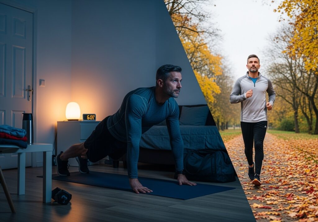Man in his 40s showing determination exercising in early morning darkness and cool fall weather, demonstrating how to overcome seasonal fitness obstacles