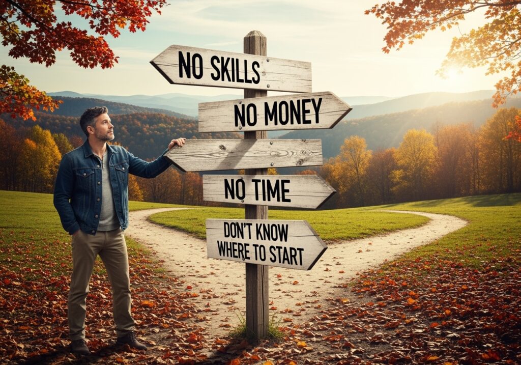 Man in his 40s at crossroads with path signs showing common side hustle challenges like no skills, no money, no time, and where to start