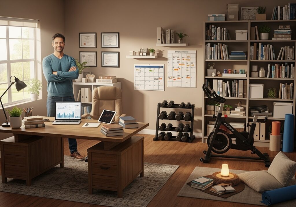 Confident man in his 40s at organized home workspace surrounded by learning materials representing physical wellness, mental resilience, and financial independence, showing the integrated success of a complete personal learning curriculum