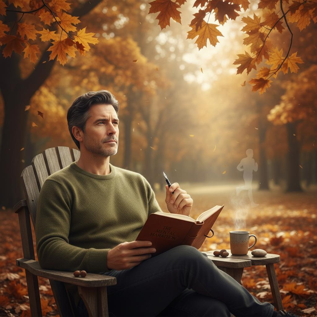 Thoughtful man in his 40s looking at autumn landscape reflecting on seasonal changes and mental preparation for fall fitness routine and habit formation