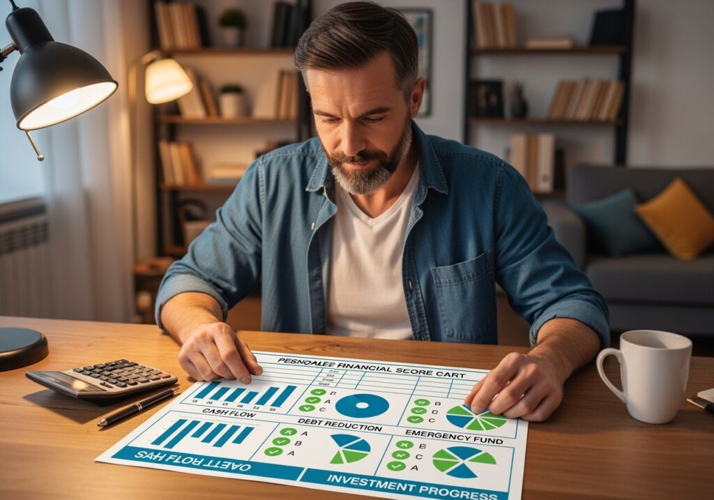 Man in his 40s reviewing Q3 financial scorecard with cash flow, debt reduction, and emergency fund progress tracking at home office