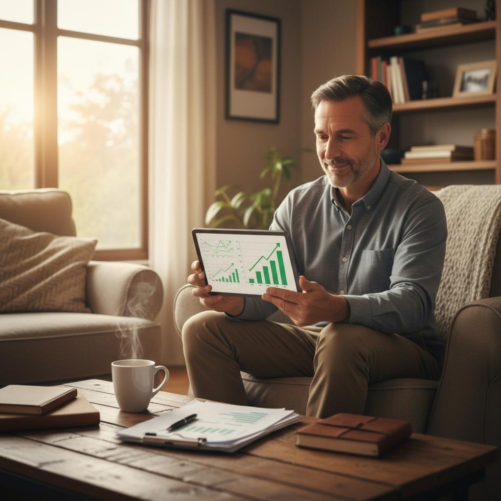 Concerned man in his 40s looking at financial documents with stressed expression, representing the 77% of Americans who feel financial anxiety and need quarterly financial check-ins