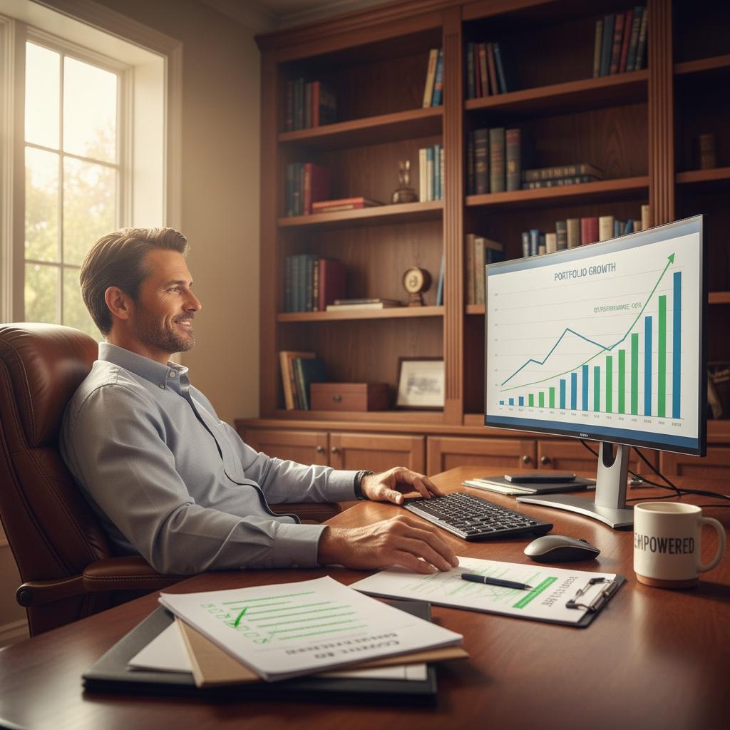 Confident man in his 40s looking forward with financial documents, charts, and planning materials organized on desk, representing successful completion of Q3 financial check-in and readiness for future financial goals
