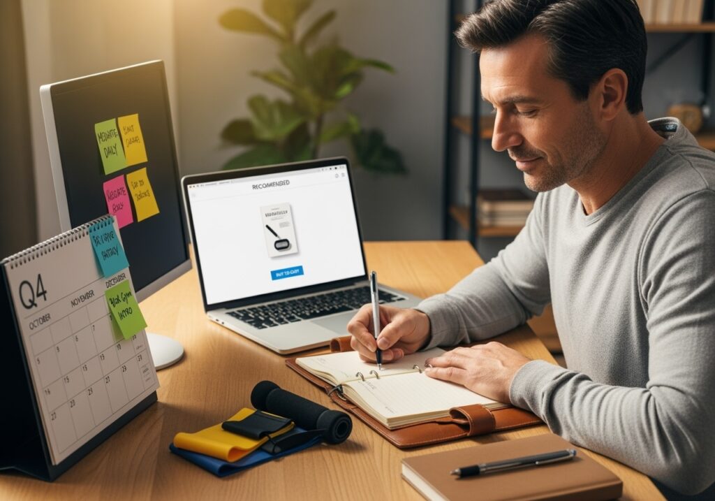 Man in his 40s taking action on Q4 goals by planning and ordering wellness tools online, showing commitment to finishing the year strong with organized calendar and progress tracking