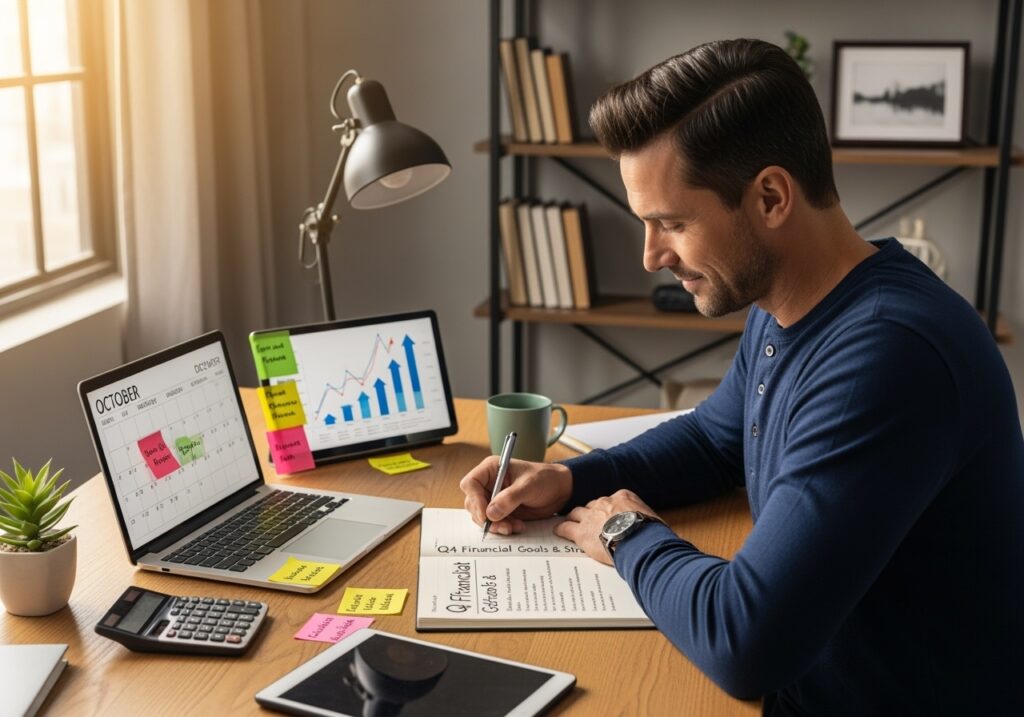 Motivated man in his 40s developing Q4 financial action plan with calendar, goals notebook, and progress charts at home office desk