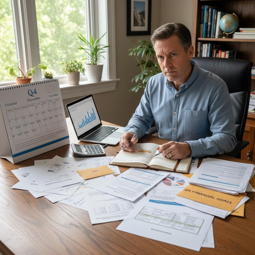 Confident man in his 40s at desk with financial planning documents, calendar showing Q4 months, and goal-setting materials, representing strategic financial planning for year-end success