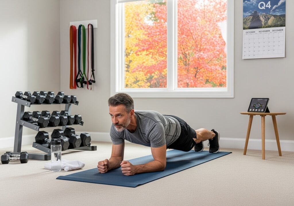 Man in his 40s doing plank exercise in organized home gym with fitness equipment and Q4 calendar showing systematic workout approach