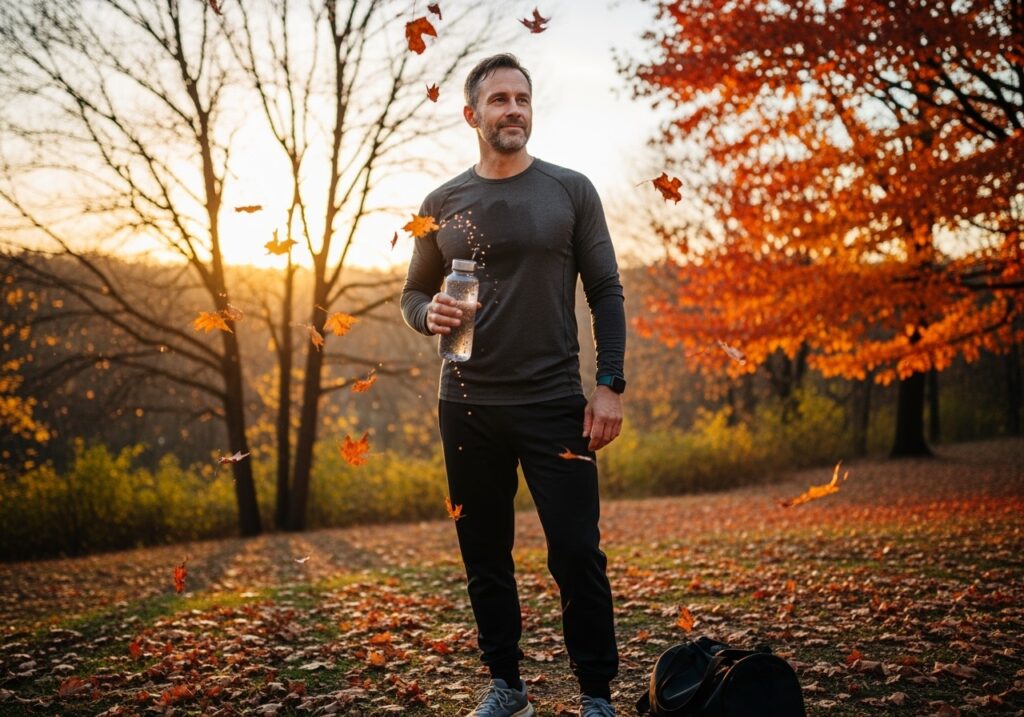 Confident man in his 40s outdoors in late fall setting after workout, showing accomplished satisfaction and readiness to continue fitness journey