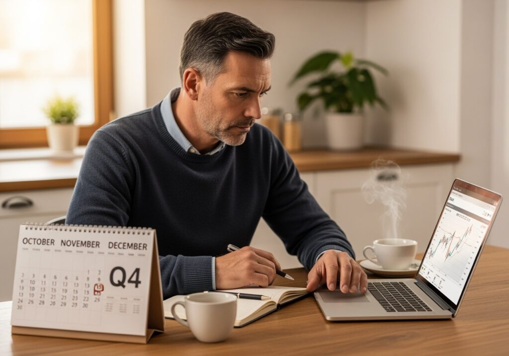 Man in his 40s reviewing Q4 investment strategy at home with calendar showing October November December and financial charts on laptop screen