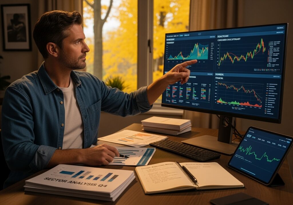 Man in his 40s analyzing sector performance charts on computer monitor showing technology healthcare consumer discretionary sectors for Q4 investment opportunities