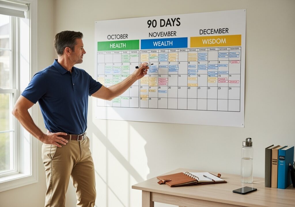 Man in his 40s presenting organized 90-day Q4 success plan on wall calendar with color-coded health, wealth, and wisdom integration milestones from October to December