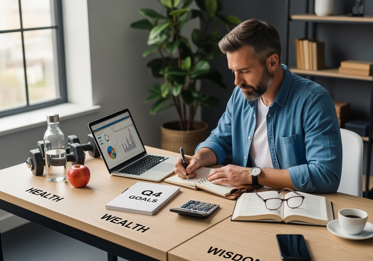 Man in his 40s planning Q4 success with organized desk showing health, wealth, and wisdom integration tools including fitness equipment, financial planning materials, and books