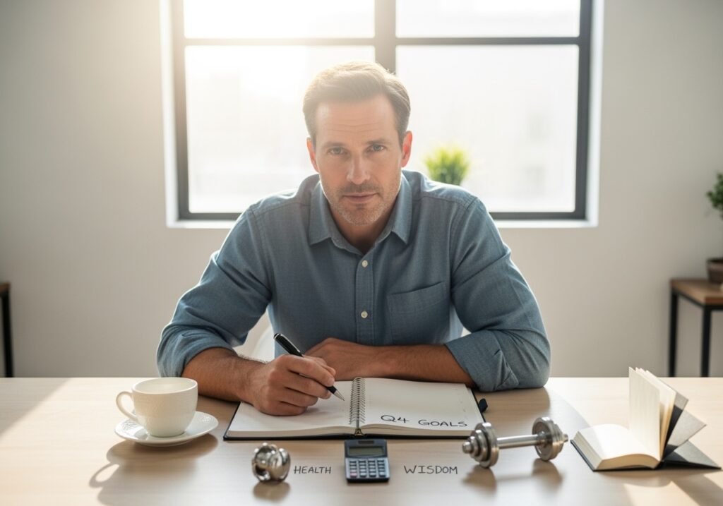 Confident man in his 40s at organized desk with Q4 goals planner and symbolic health, wealth, wisdom items, showing determination to begin integrated success plan