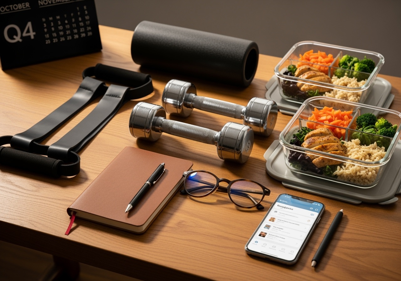 Essential tools for Q4 success laid out on wooden desk including resistance bands, dumbbells, journal, blue light glasses, budgeting app, and meal prep containers for men over 40