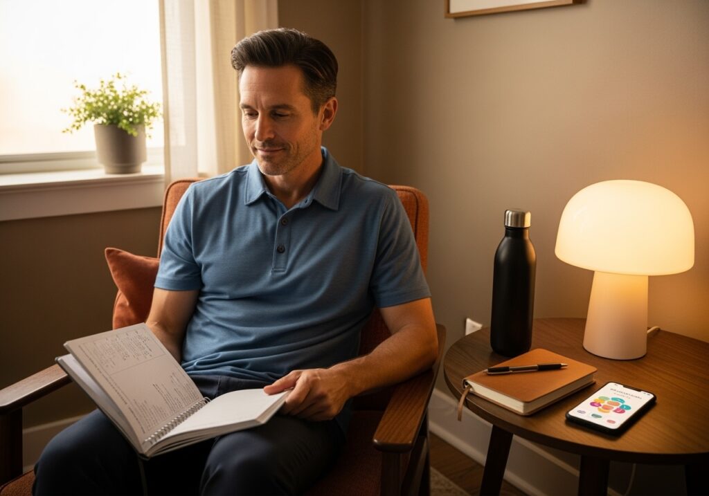 Man in his 40s reviewing quarterly mental health progress with checklist in comfortable home setting