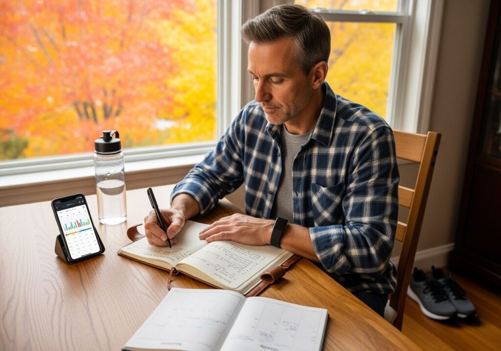 Man in his 40s thoughtfully writing fitness goals in notebook at home table with smartphone and autumn view through window