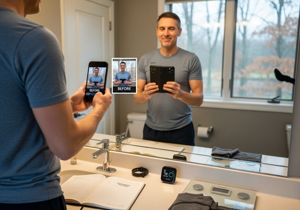 Man in his 40s showing realistic fitness progress with genuine confidence and satisfaction, demonstrating what actual success looks like versus unrealistic expectations