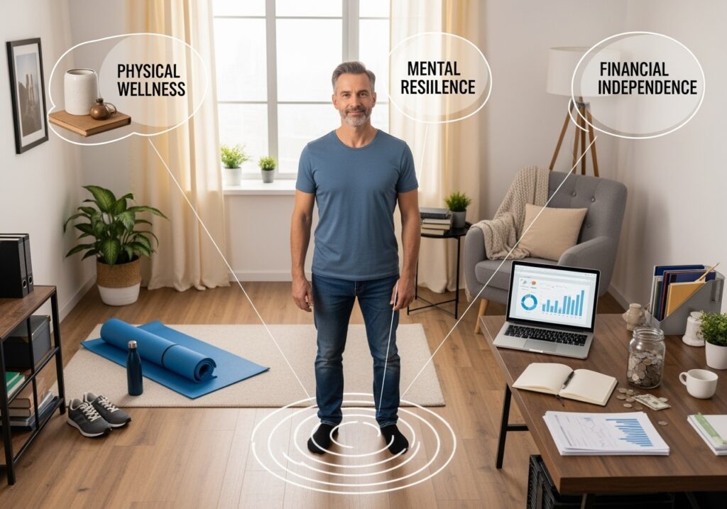 Man in 40s showing ripple effect of small daily actions across physical wellness, mental resilience, and financial independence pillars