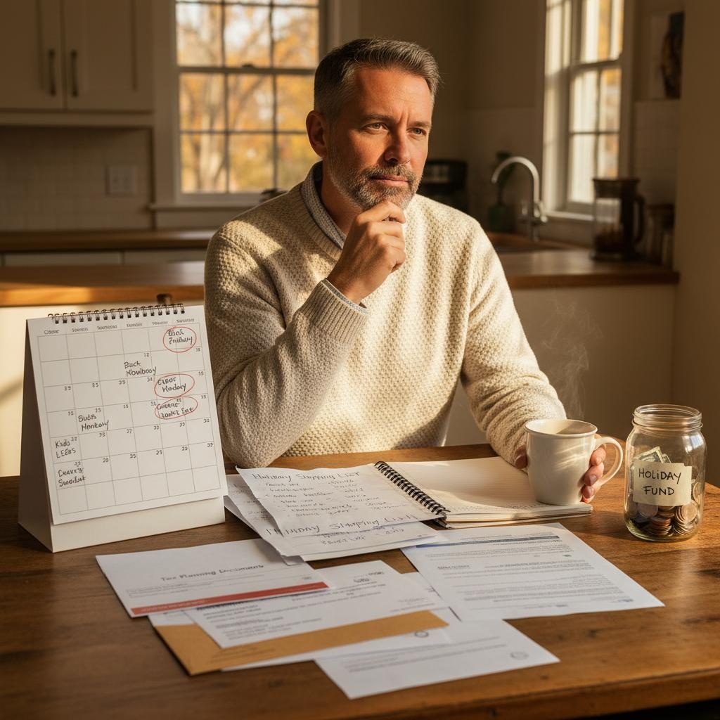 Man in his 40s planning Q4 finances with calendar, holiday budget worksheet, and tax documents on desk, representing seasonal financial strategies and year-end planning