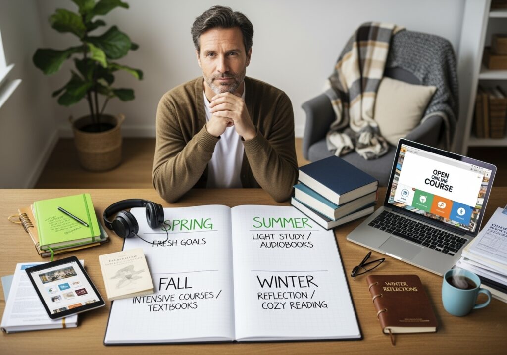 Man in his 40s at home workspace with seasonal learning materials showing different approaches throughout the year - spring planning, summer maintenance, fall intensive study, and winter reflection