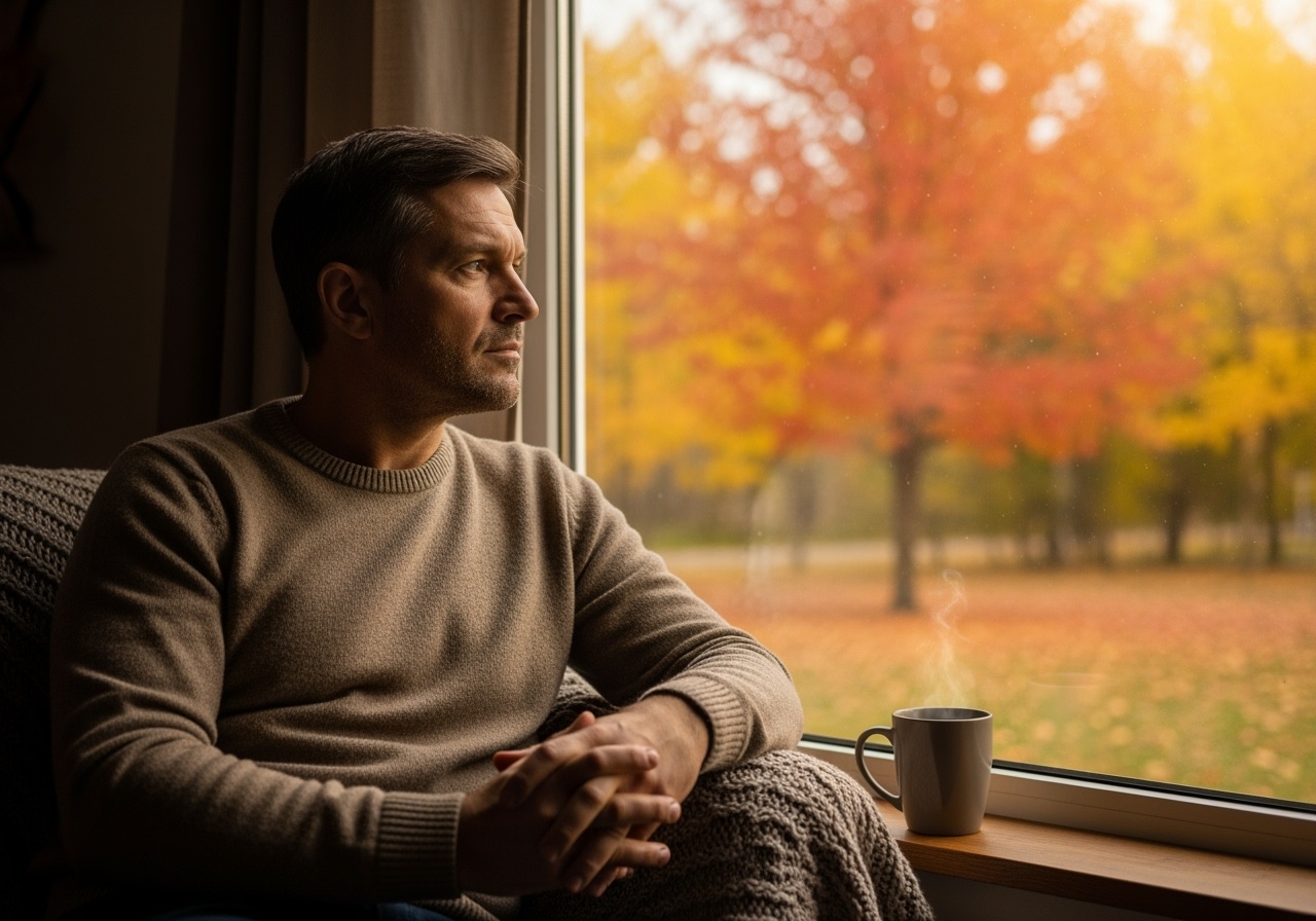 Middle-aged man in casual clothing sitting thoughtfully by a window during autumn, representing mental resilience and seasonal transition strategies for men over 40