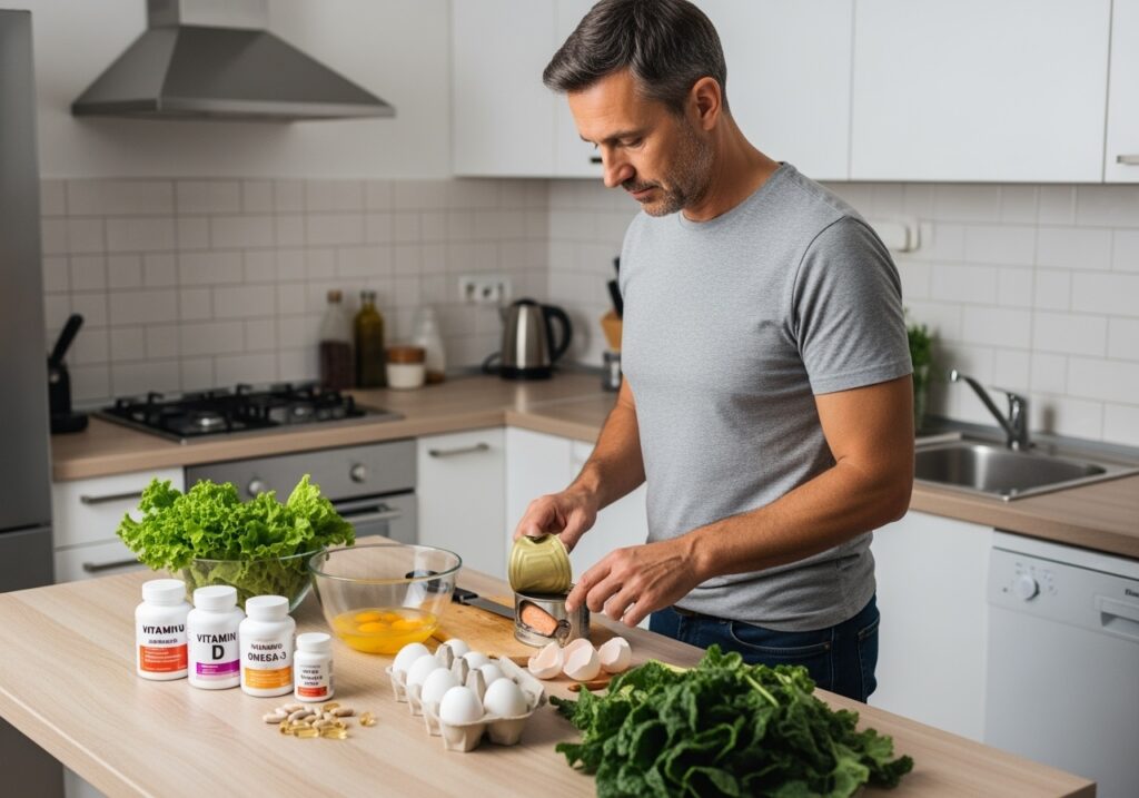 Man in his 40s preparing healthy meal with vitamin D supplements and omega-3 rich foods on kitchen counter, demonstrating seasonal nutrition strategies for mental wellness